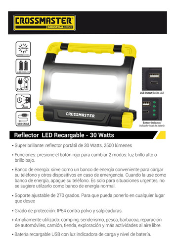 Reflector Led Recargable 2500 Lm 30 W Crossmaster 9932786 Color De La Carcasa Negro