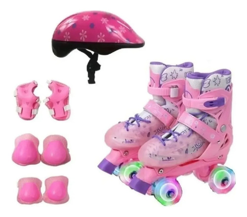 Patins 4 Rodas Infantil Ajustável Led Nas Rodas Kit Proteção