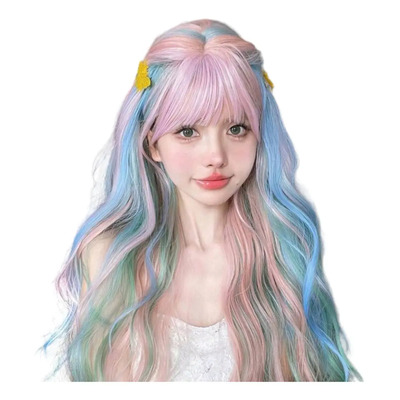 Peluca Rosa Azul Y Verde Multicolor Larga Con Fleco Tamaño de la base 70 cm | Meses sin interés