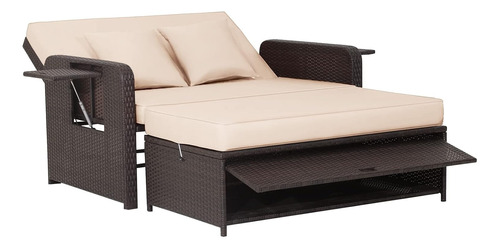 Sofa Cama De Ratan Para Patio Ajustable Beige Tangkula 