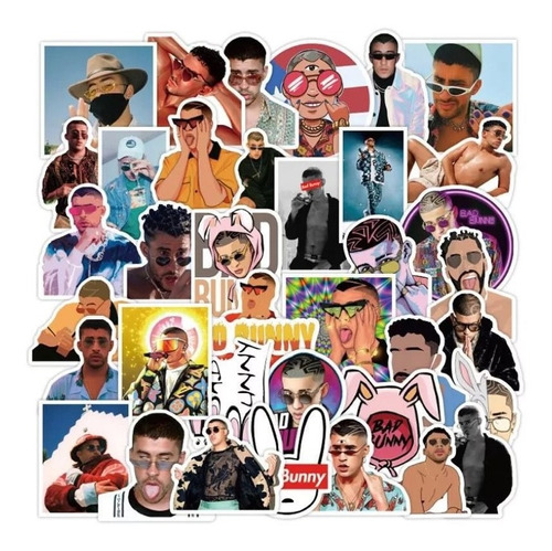 Set 50 Stickers Bad Bunny Cantante Decorativo Skateboard