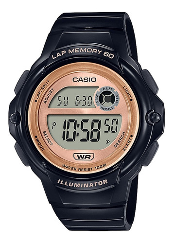 Reloj Casio Digital Lws-1200h-1a 60 Laps 100m Color De La Malla Negro Color Del Bisel Negro Color Del Fondo Gold Rose