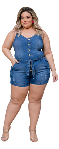 Macaquinho Jardineira Short Jeans Plus Size Feminino Lycra