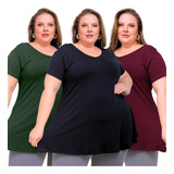 Kit 3 Blusinha Plus Size Feminina Camiseta Evasê Até O G3 