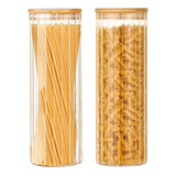 Pote Vidro Canelado Tampa Bambu Grande Espaguete Mantimento
