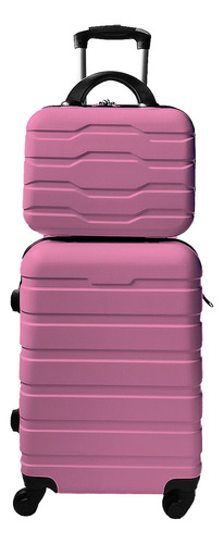 Conjunto Mala De Bordo Viagem Com Frasqueira Rodinha 360° Cor Rosa Listras