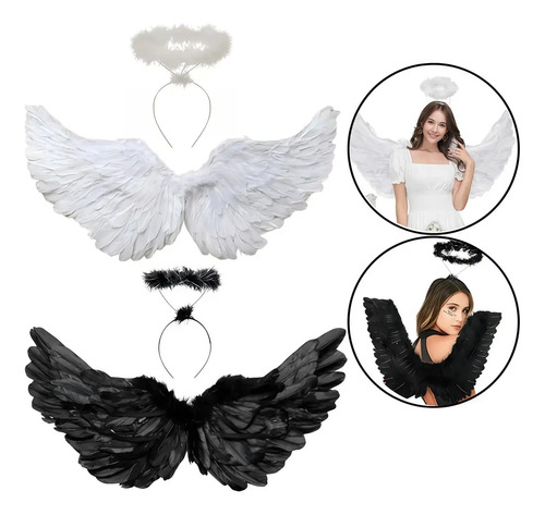 Kit Asa Cosplay Anjo + Tiara Fantasia Festa Carnaval-60x40cm