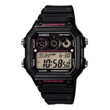 Reloj Pulsera Casio Youth Ae-1300 De Cuerpo Color Negro, Digital, Fondo Negro, Con Correa De Resina Color Negro, Dial Negro, Subesferas Color Gris, Negro Y Rosa, Minutero/segundero Negro, Bisel Color 