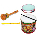 Kit 4 Instrumentos Infantil Violão Flauta Pandeiro Bumbo 