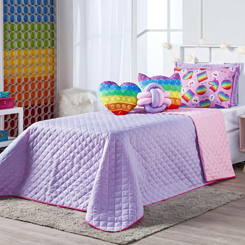 Kit Cama Colcha Pop It Lilás Com Almofadas Solteiro 06 Peças