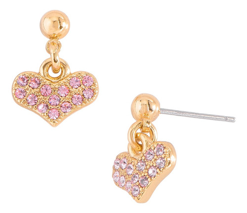 Aretes Dorados Corazones Cristales Rosas Coquette Oro 18k