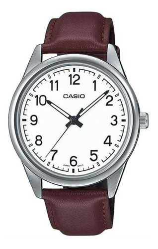 Reloj De Pulsera Casio Enticer Mtp-v005 De Cuerpo Color Plateado, Analógico, Para Hombre, Fondo Blanco, Con Correa De Cuero Color Marrón, Agujas Color Negro Y Blanco, Dial Negro, Minutero/segundero Ne