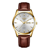 Reloj De Cuarzo Hombre Lige Lg8970 Pulsera De Cuero Correa Marrón Bisel Dorado Fondo Blanco Quartz 3 Atm 22mm Anchura Wristwatch