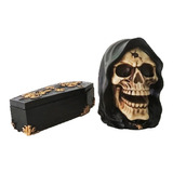 Crânio Caveira Morte + Caixão Porta Treco Em Resina Hallowee