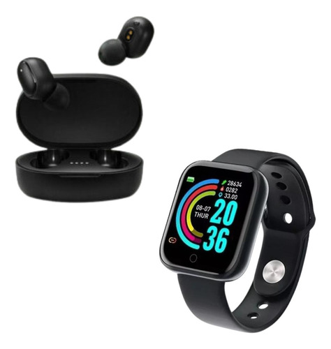 Combo Smartwatch D20 Y68 + Auricular Inalambrico A6s Negro