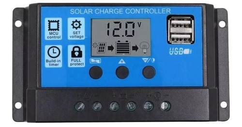 Controlador De Carga Solar 10a 12e24v Pwm C/ 2 Porta Usb Lcd