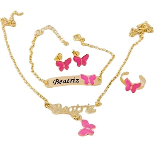 Conjunto Infantil Colar Pulseira Anel+ Brinco Borboleta Rosa