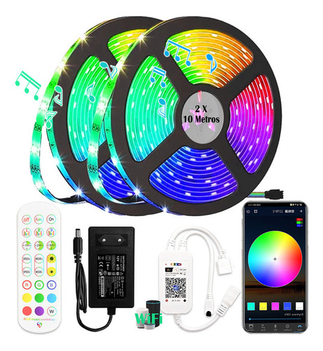 Kit Fita Led Rgb 5050 Wifi Colorida 20m Com Controle+fonte