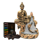 Incensário Cascata Backflow Zen Meditação + 10 Incensos Cor Ouro Velho Pedra Buda Hindu Meditando 1
