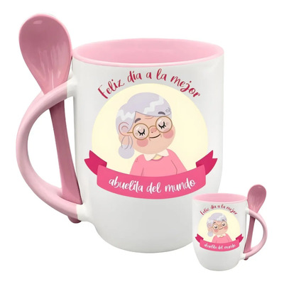 Taza Cuchara Abuela Feliz Dia A La Mejor Abuelita Ceramica Rosa Abuela