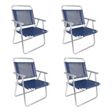 Kit 4 Cadeiras Praia Reforçada Suporta Até 140kg Alumínio Cor Azul
