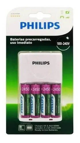 Carregador Com 4 Pilhas Philips Aa 2450mah Recarregável 