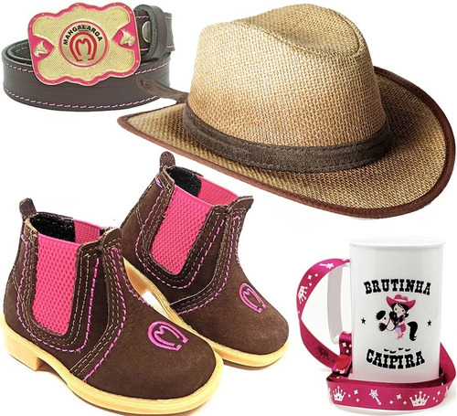 Kit Bota Infantil Feminino Chapeu Mm Cinto Caneca Brutinha