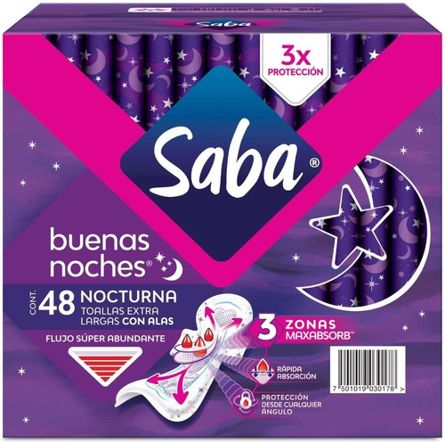 Toallas Femeninas Saba Buenas Noches Nocturna C/alas 48 Pzs 