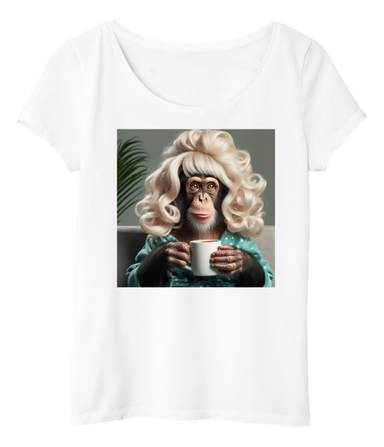 Remera Mujer Mono Peluca Rubio Con Mujer Cafe M2