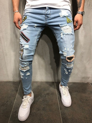 Jeans Chupines Con Efecto Roto Desgastado Para Hombre