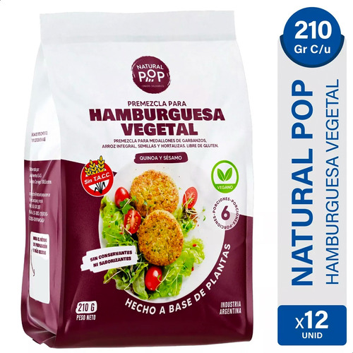 Hamburguesa Vegetal Sin Tacc Libre De Gluten Natural Pop X12