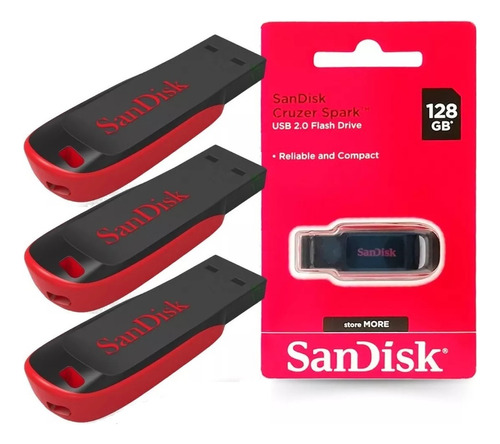 Kit 3 Pendrive Cruzer Blade 128gb Usb 2.0 Flash Drive Sandis