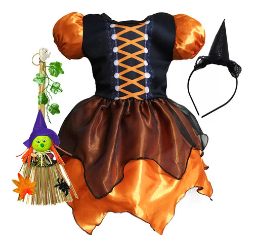 Fantasia Bruxa Infantil Menina Vestido Hallowen Criança