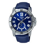 Reloj Casio Hombre Malla Cuero Mtp-vd200l Oficial Color De La Malla Azul Color Del Bisel Plateado