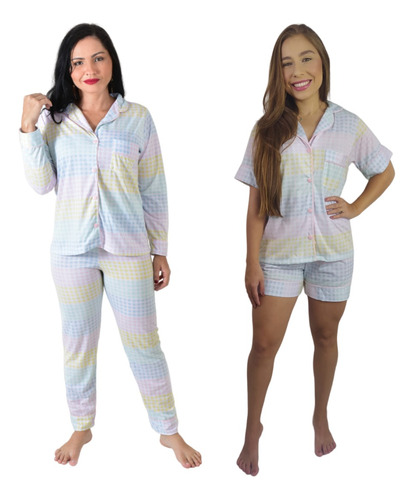 Kit 2 Pijamas Feminino Adulto Americano Curto Longo Malha 