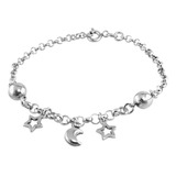 Pulsera Rolo 3mm Con Dijes De Luna Y Estrellas Plata 925