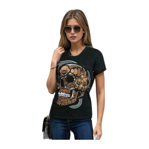 Playera Mujer Larva Cráneo Ollin Arte Mexicano