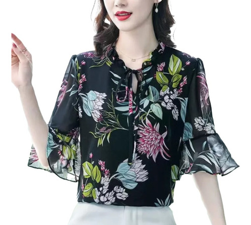 Moda Casual Mujer Siete Manga Top Chiffon Camisa Commuter