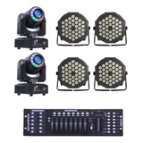 Kit 4 Canhão 36 Leds + 2 Moving Head Spot 60w Com Mesa Dmx