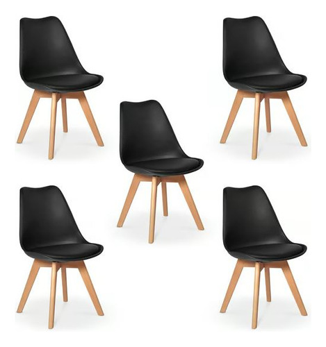 Kit C/5 Cadeira Leda Preta - Charles Eames Wood Com Almofada