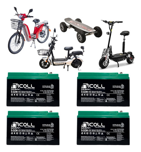 Kit 4 Bateria Nicoll 12v 15ah Ciclo Profundo Bike Elétrica