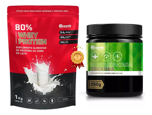 Kit Whey Concentrado 80% 1kg + Creatina 250g Growth + Scoop