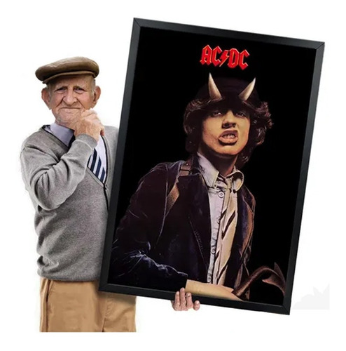 Quadro Acdc Angus Young Rock Musica Com Moldura Preta A1