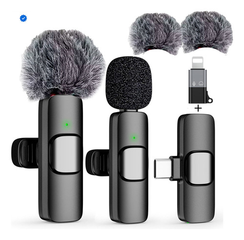 Microfono De Solapa Inalambrico Tipo Periodista Con 2 Microfonos Para Celular Usb Tipo C Y Adaptador Para iPhone Lightning Con Filtro Anti-pop