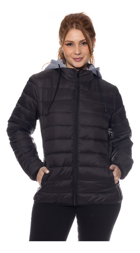 Jaqueta Feminina Puffer Com Capuz E Bolsos Moderna Inverno