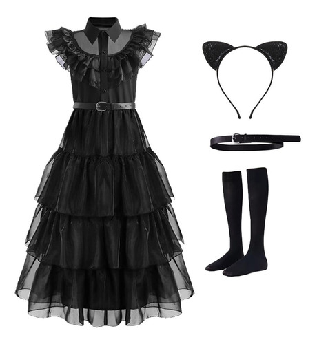 Vestidos Negro De Wednesday Addams Niñas Disfraz Halloween