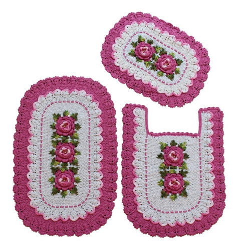 Jogo De Banheiro Em Crochê Luxo 3 Peças Colorido Com Flores