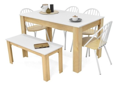 Set De Comedor Voru 6p Con Sillas Dallas Y Butaco Voru Diseño De La Tela De Las Sillas Blanco/matiz Natural