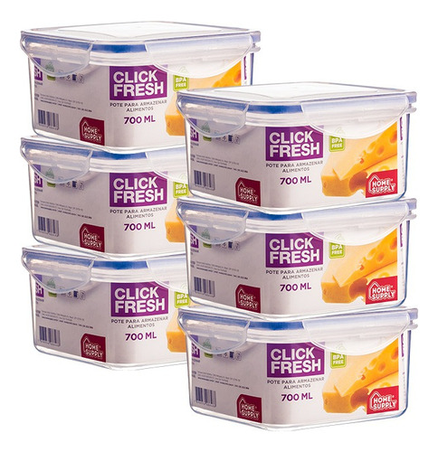 Kit 6 Potes Plásticos Herméticos Click Fresh (6x 700ml) Cor Transparente