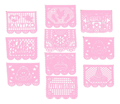 Papel Picado - 10 Tiras De Bautizo Rosa